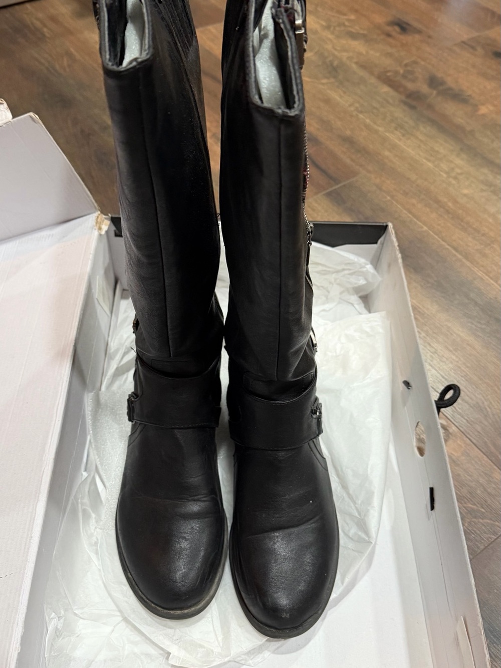 Guess Black Leather Tall Riding Boots with Buckle Detail